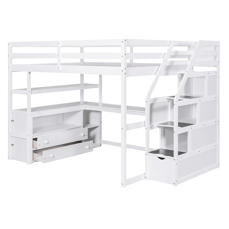 Letto a soppalco full-size con scrivania e mensole, due cassetti integrati, scala contenitore