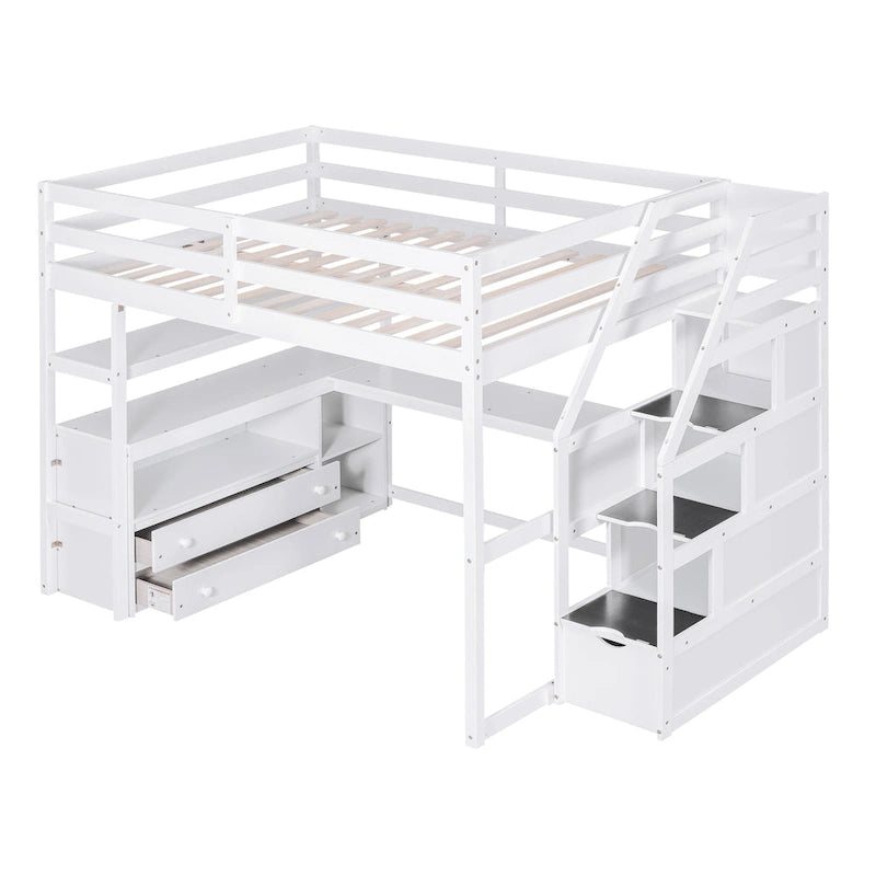 Letto a soppalco full-size con scrivania e mensole, due cassetti integrati, scala contenitore