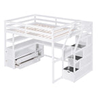 Letto a soppalco full-size con scrivania e mensole, due cassetti integrati, scala contenitore