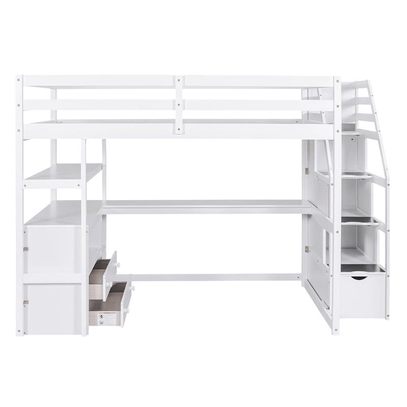 Letto a soppalco full-size con scrivania e mensole, due cassetti integrati, scala contenitore