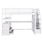 Letto a soppalco full-size con scrivania e mensole, due cassetti integrati, scala contenitore