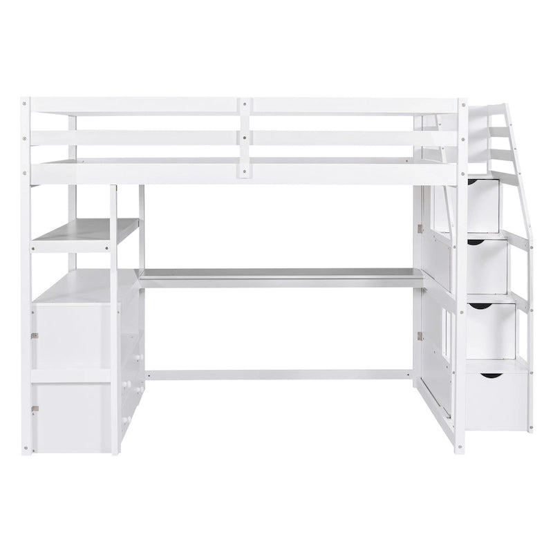 Letto a soppalco full-size con scrivania e mensole, due cassetti integrati, scala contenitore