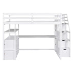 Letto a soppalco full-size con scrivania e mensole, due cassetti integrati, scala contenitore