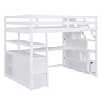Letto a soppalco full-size con scrivania e mensole, due cassetti integrati, scala contenitore