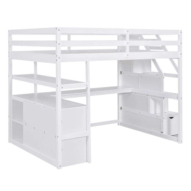Letto a soppalco full-size con scrivania e mensole, due cassetti integrati, scala contenitore