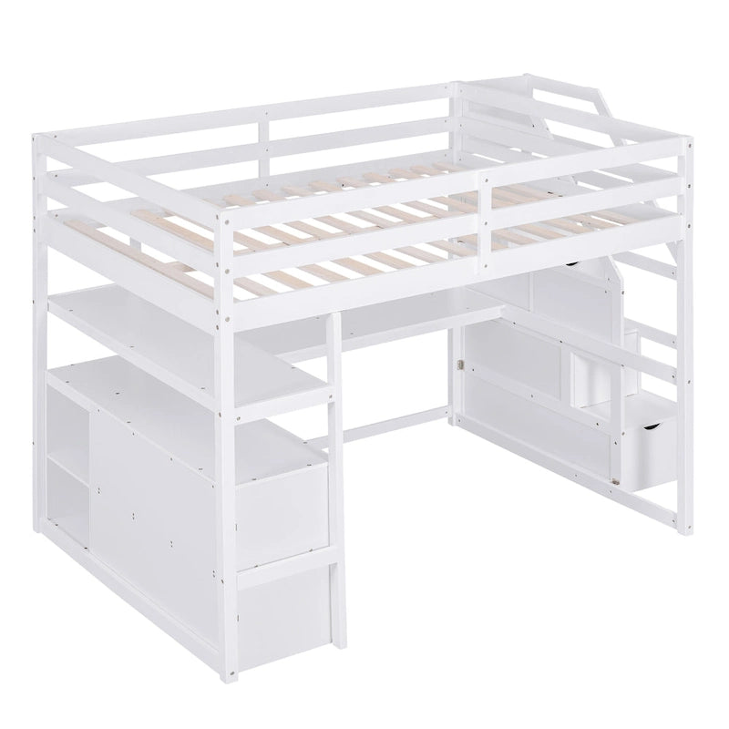 Letto a soppalco full-size con scrivania e mensole, due cassetti integrati, scala contenitore
