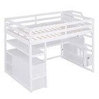 Letto a soppalco full-size con scrivania e mensole, due cassetti integrati, scala contenitore