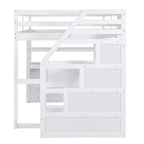 Letto a soppalco full-size con scrivania e mensole, due cassetti integrati, scala contenitore
