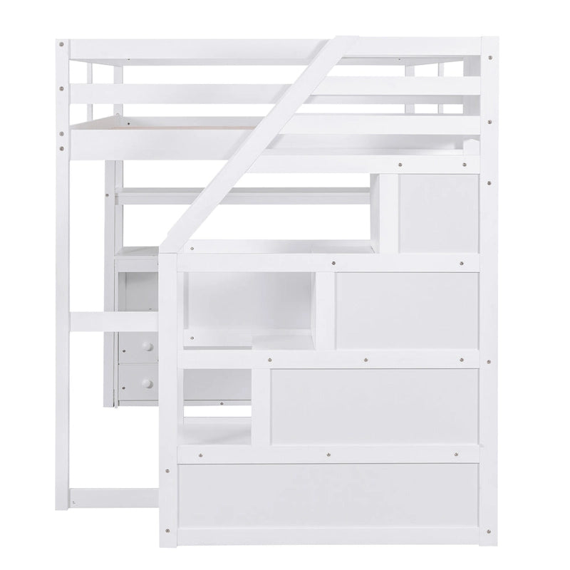 Letto a soppalco full-size con scrivania e mensole, due cassetti integrati, scala contenitore