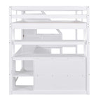 Letto a soppalco full-size con scrivania e mensole, due cassetti integrati, scala contenitore