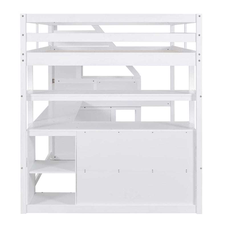 Letto a soppalco full-size con scrivania e mensole, due cassetti integrati, scala contenitore