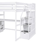 Letto a soppalco full-size con scrivania e mensole, due cassetti integrati, scala contenitore