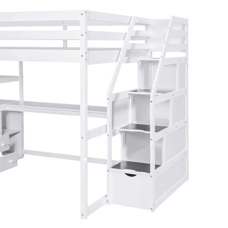 Letto a soppalco full-size con scrivania e mensole, due cassetti integrati, scala contenitore