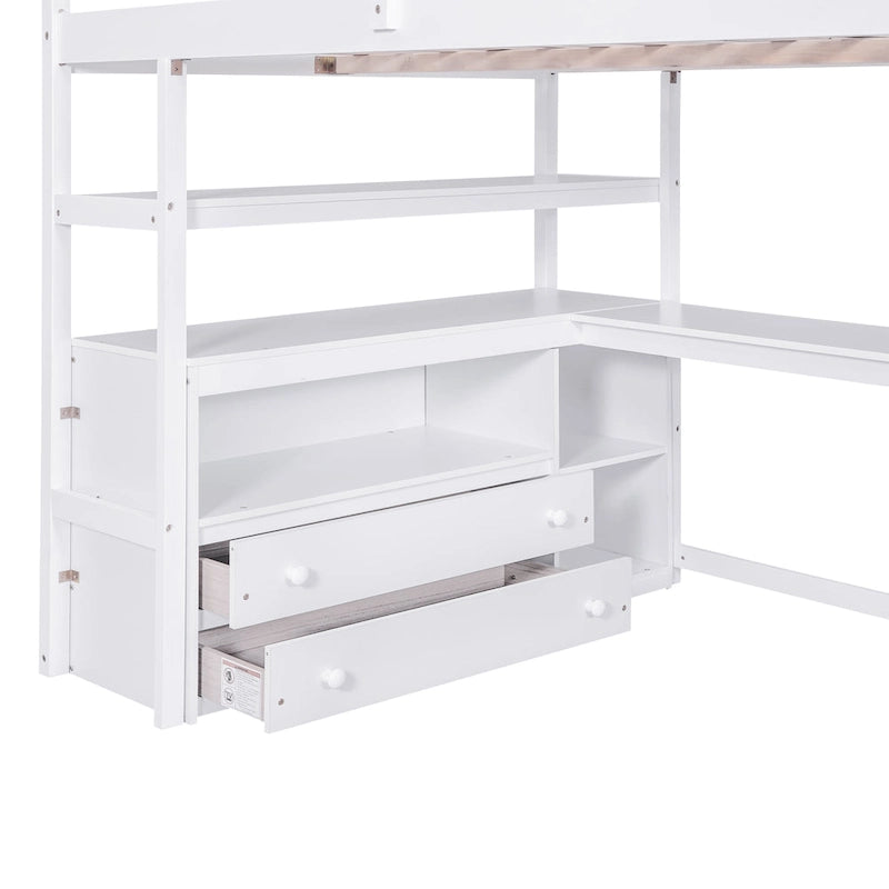 Letto a soppalco full-size con scrivania e mensole, due cassetti integrati, scala contenitore