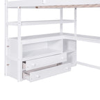 Letto a soppalco full-size con scrivania e mensole, due cassetti integrati, scala contenitore