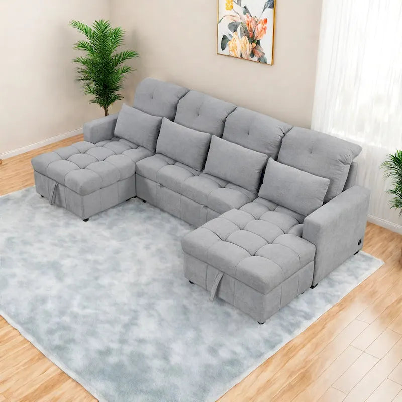 Divano componibile a U trasformabile in ciniglia da 110" Oversized con letto estraibile, doppi chaise longue contenitore e 2 porte USB
