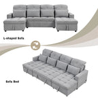 Divano componibile a U trasformabile in ciniglia da 110" Oversized con letto estraibile, doppi chaise longue contenitore e 2 porte USB