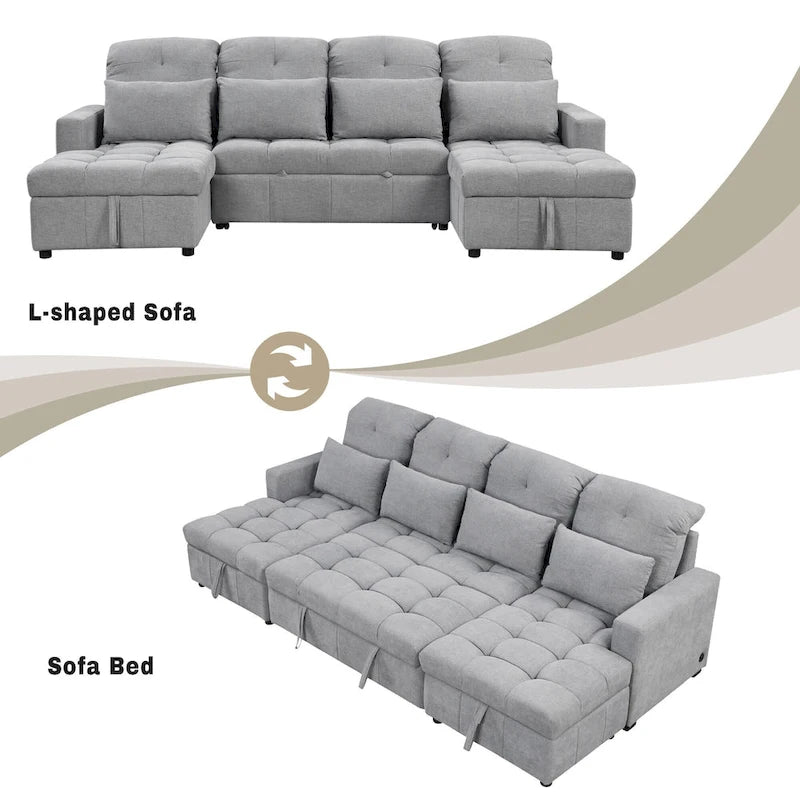 Divano componibile a U trasformabile in ciniglia da 110" Oversized con letto estraibile, doppi chaise longue contenitore e 2 porte USB