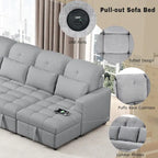 Divano componibile a U trasformabile in ciniglia da 110" Oversized con letto estraibile, doppi chaise longue contenitore e 2 porte USB
