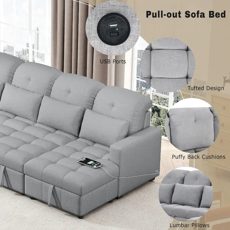 Divano componibile a U trasformabile in ciniglia da 110" Oversized con letto estraibile, doppi chaise longue contenitore e 2 porte USB
