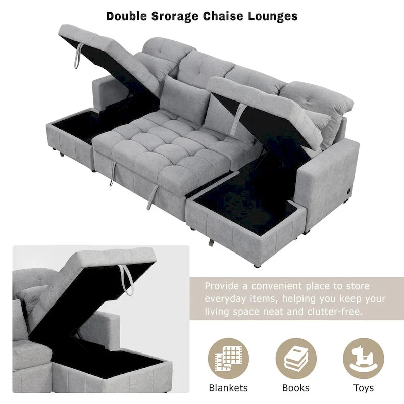 Divano componibile a U trasformabile in ciniglia da 110" Oversized con letto estraibile, doppi chaise longue contenitore e 2 porte USB