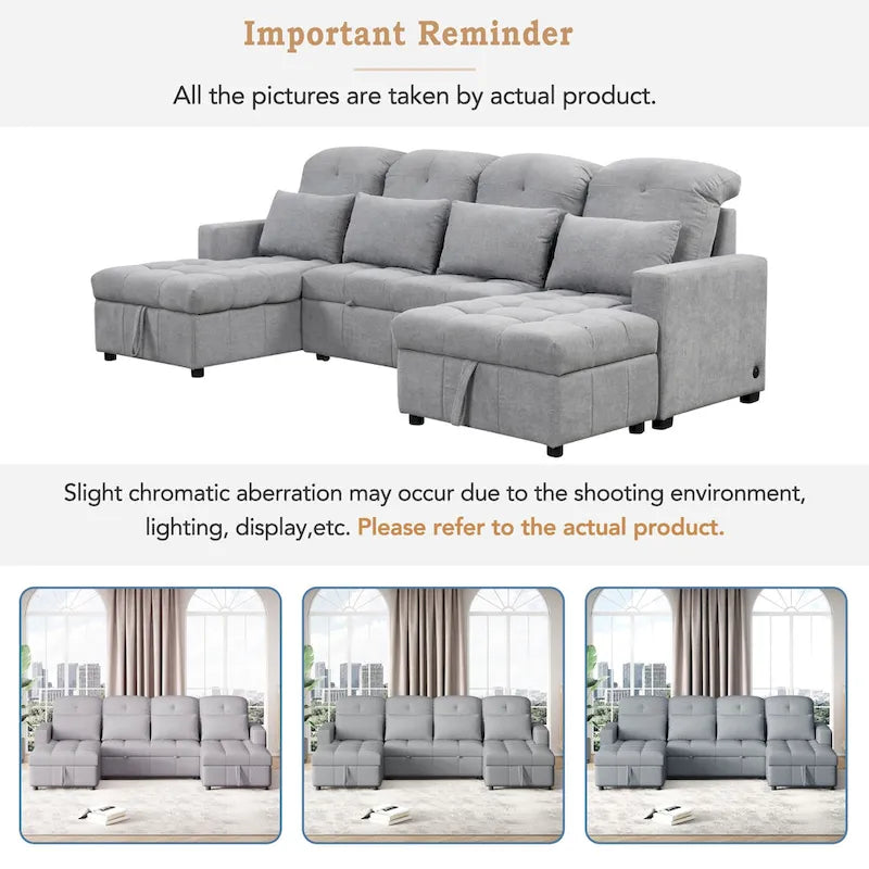 Divano componibile a U trasformabile in ciniglia da 110" Oversized con letto estraibile, doppi chaise longue contenitore e 2 porte USB