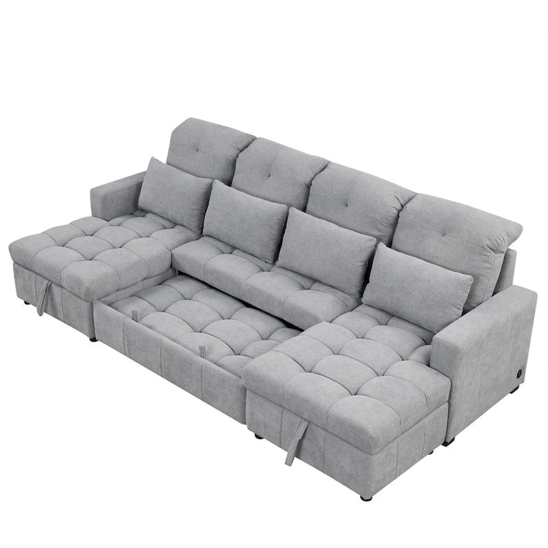 Divano componibile a U trasformabile in ciniglia da 110" Oversized con letto estraibile, doppi chaise longue contenitore e 2 porte USB