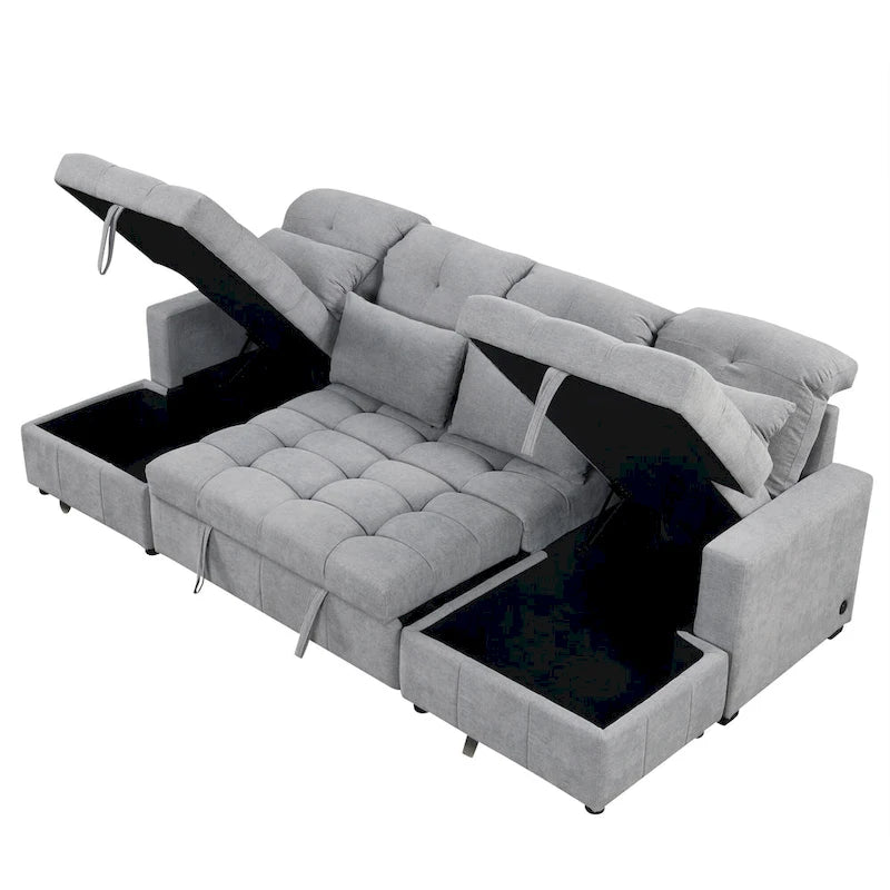Divano componibile a U trasformabile in ciniglia da 110" Oversized con letto estraibile, doppi chaise longue contenitore e 2 porte USB