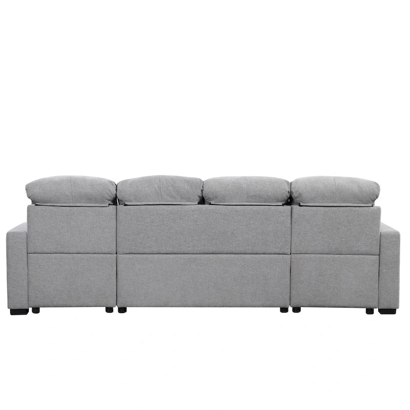 Divano componibile a U trasformabile in ciniglia da 110" Oversized con letto estraibile, doppi chaise longue contenitore e 2 porte USB