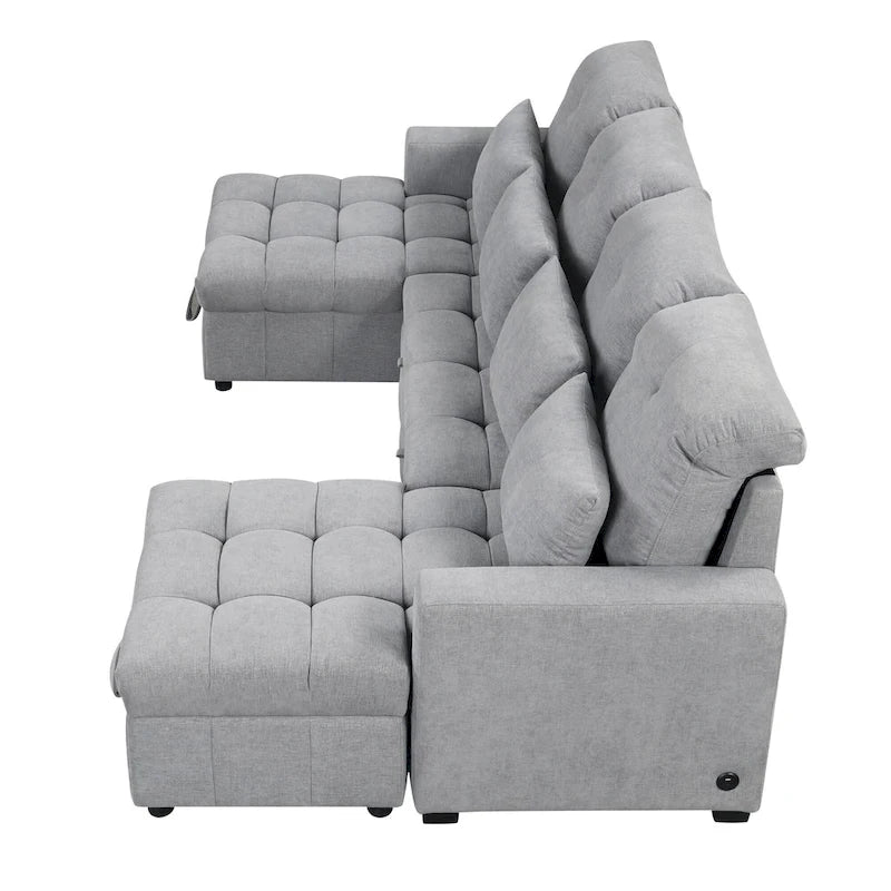 Divano componibile a U trasformabile in ciniglia da 110" Oversized con letto estraibile, doppi chaise longue contenitore e 2 porte USB