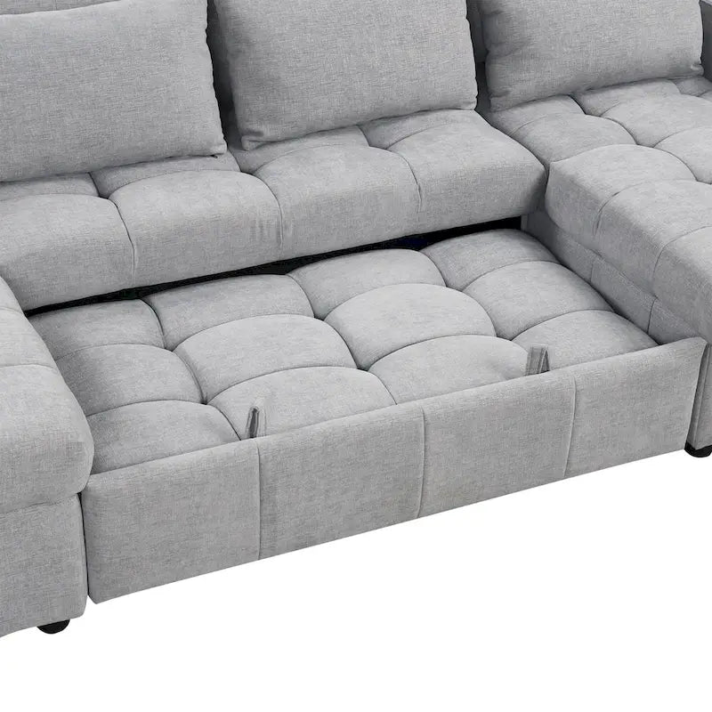 Divano componibile a U trasformabile in ciniglia da 110" Oversized con letto estraibile, doppi chaise longue contenitore e 2 porte USB