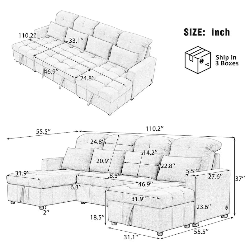 Divano componibile a U trasformabile in ciniglia da 110" Oversized con letto estraibile, doppi chaise longue contenitore e 2 porte USB
