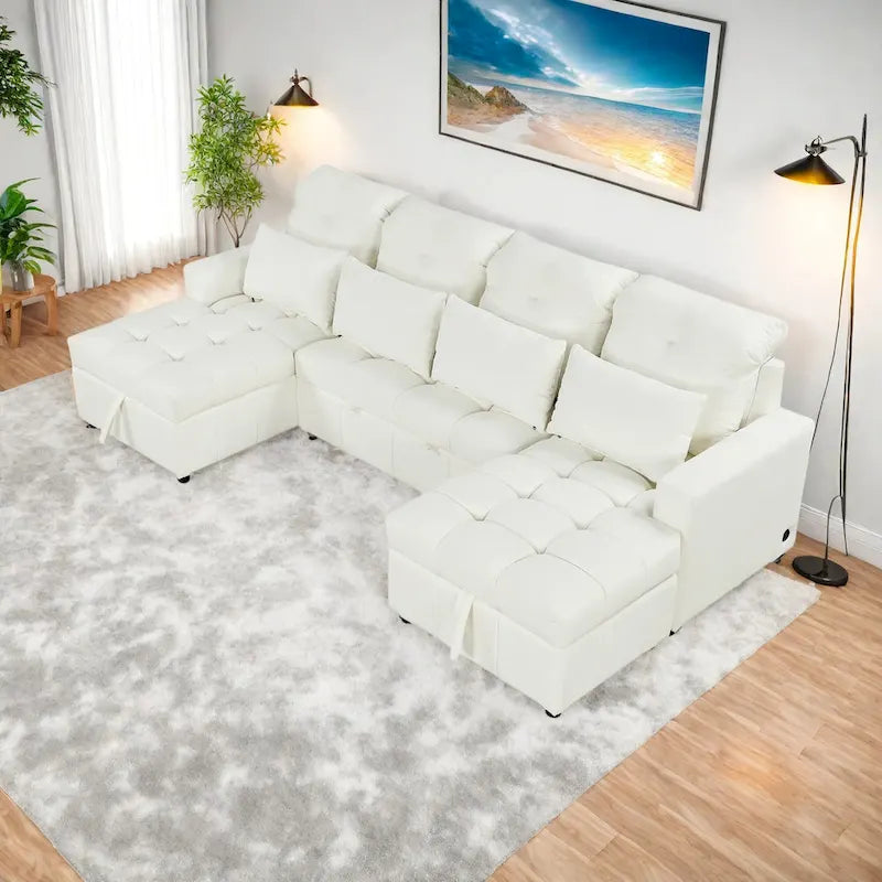 Divano componibile a U trasformabile in ciniglia da 110" Oversized con letto estraibile, doppi chaise longue contenitore e 2 porte USB