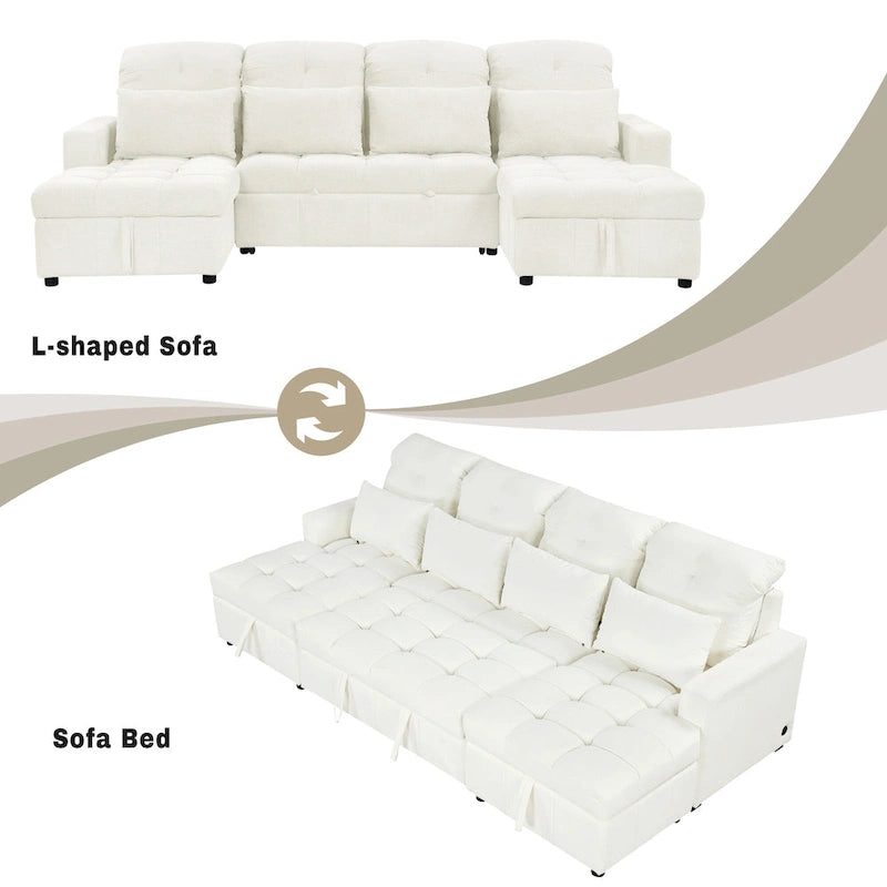 Divano componibile a U trasformabile in ciniglia da 110" Oversized con letto estraibile, doppi chaise longue contenitore e 2 porte USB