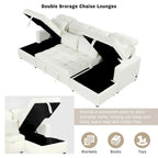 Divano componibile a U trasformabile in ciniglia da 110" Oversized con letto estraibile, doppi chaise longue contenitore e 2 porte USB
