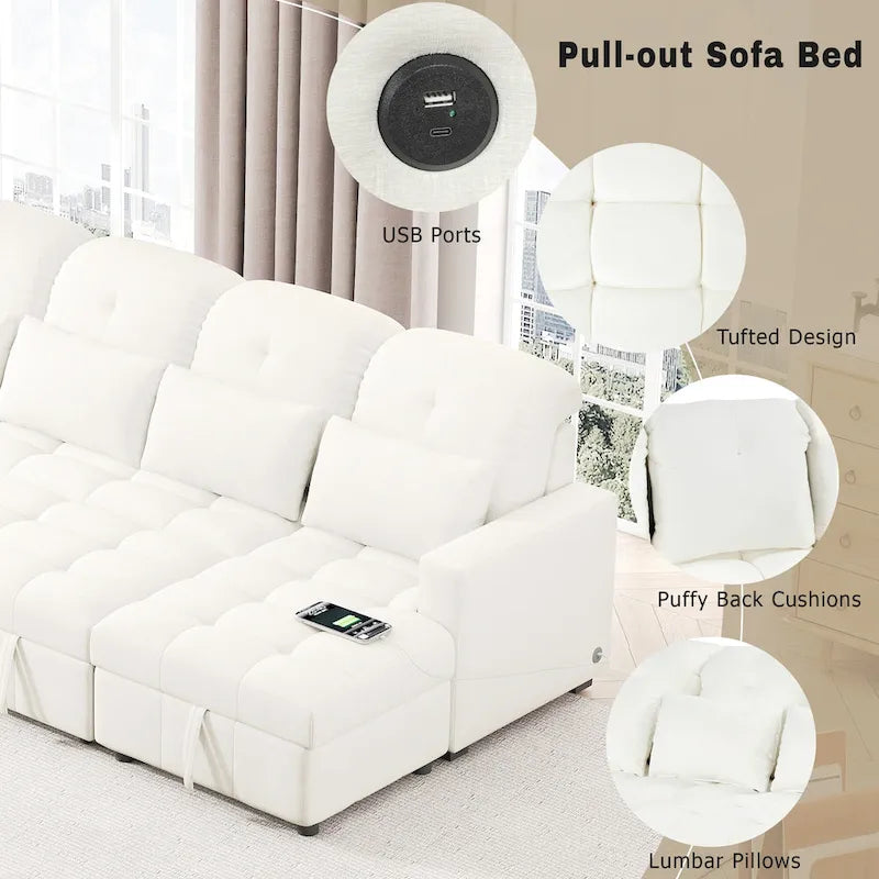 Divano componibile a U trasformabile in ciniglia da 110" Oversized con letto estraibile, doppi chaise longue contenitore e 2 porte USB