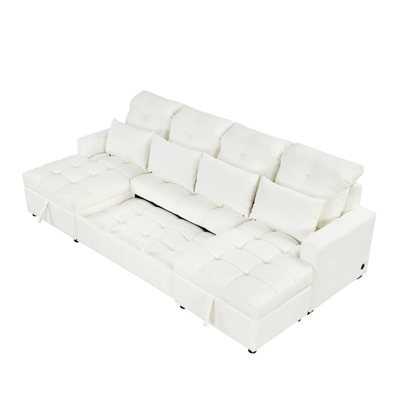 Divano componibile a U trasformabile in ciniglia da 110" Oversized con letto estraibile, doppi chaise longue contenitore e 2 porte USB
