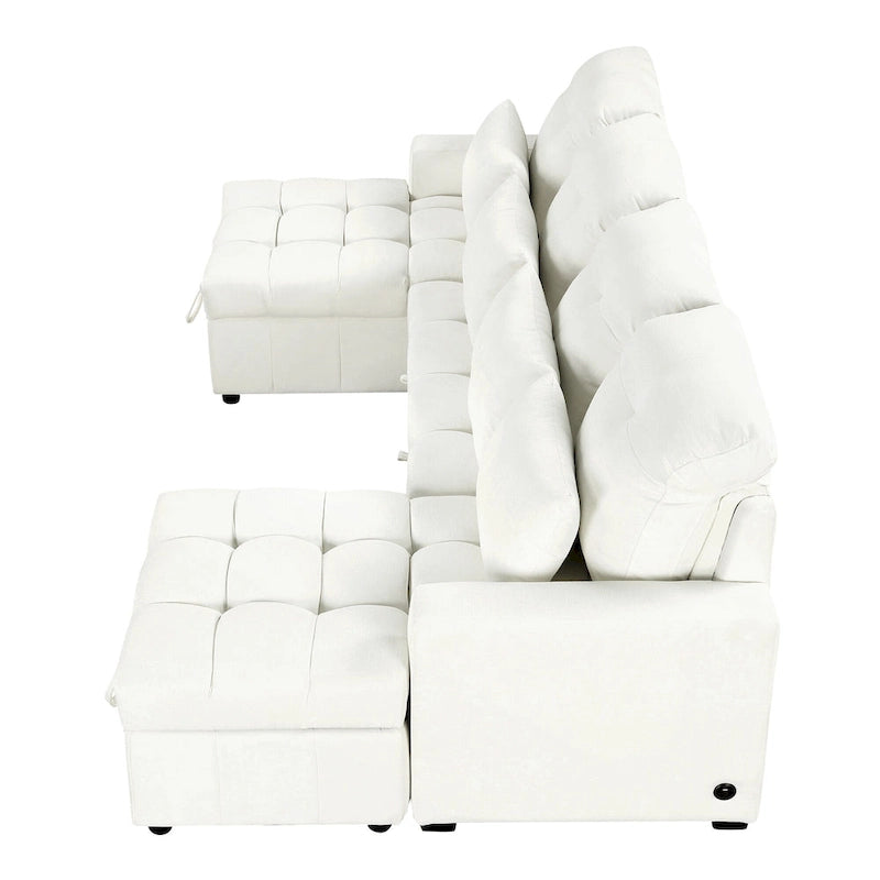 Divano componibile a U trasformabile in ciniglia da 110" Oversized con letto estraibile, doppi chaise longue contenitore e 2 porte USB