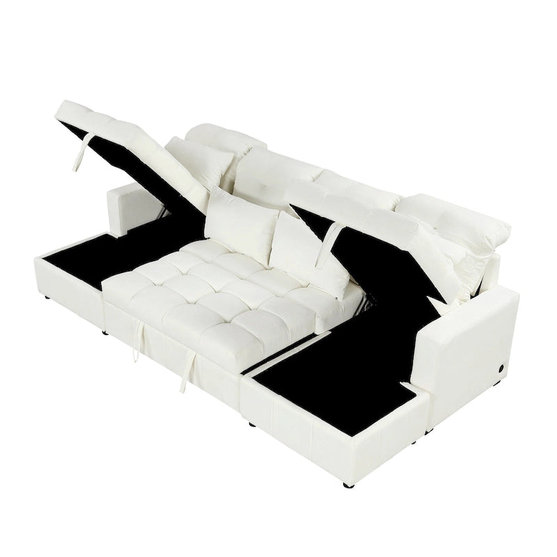 Divano componibile a U trasformabile in ciniglia da 110" Oversized con letto estraibile, doppi chaise longue contenitore e 2 porte USB