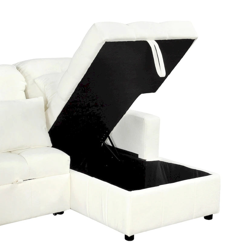 Divano componibile a U trasformabile in ciniglia da 110" Oversized con letto estraibile, doppi chaise longue contenitore e 2 porte USB