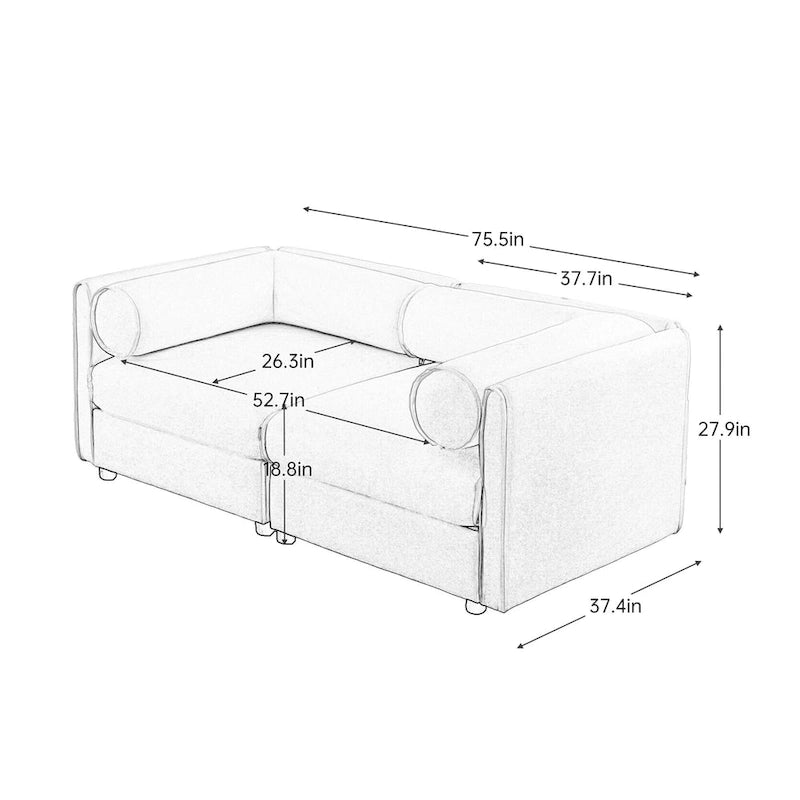 75.5 Chenille Upholstered 2-Seater Modular Sectional Sofa with Storage Seat, DIY Combination