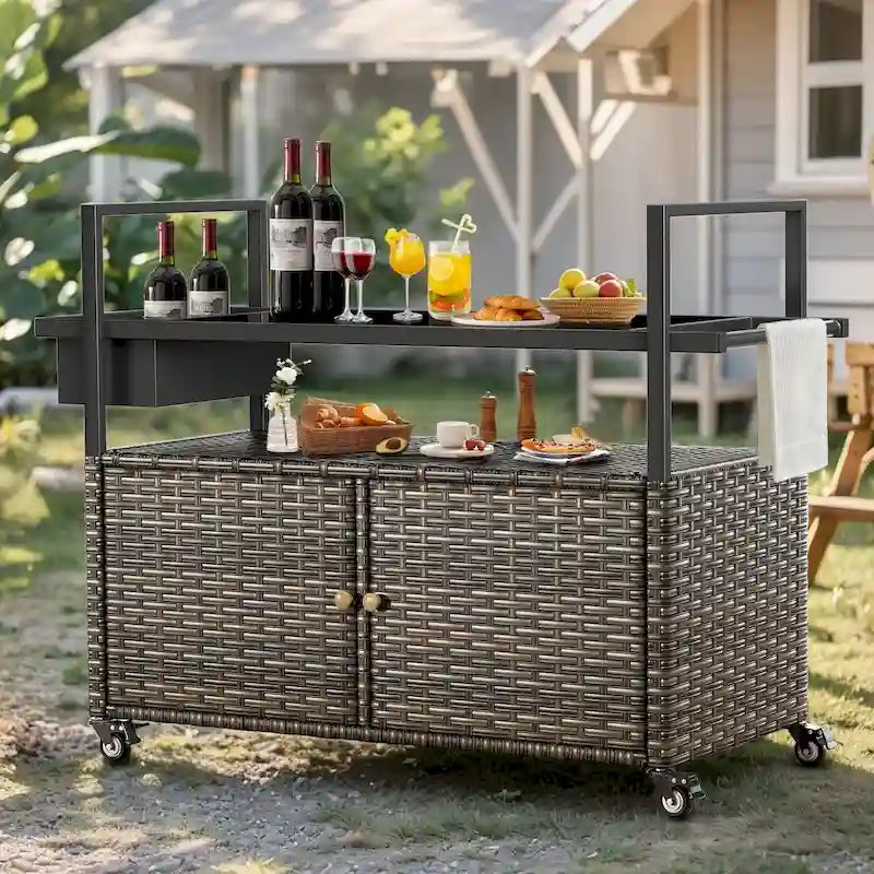 Carrello per barbecue da esterno con ruote, Isola da cucina in vimini