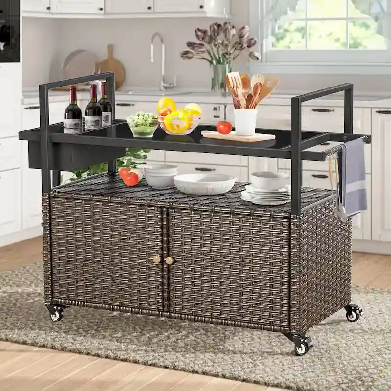 Carrello per barbecue da esterno con ruote, Isola da cucina in vimini