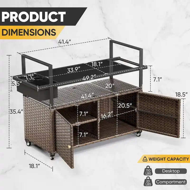 Carrello per barbecue da esterno con ruote, Isola da cucina in vimini