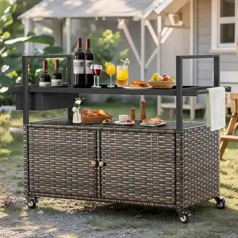 Carrello per barbecue da esterno con ruote, Isola da cucina in vimini
