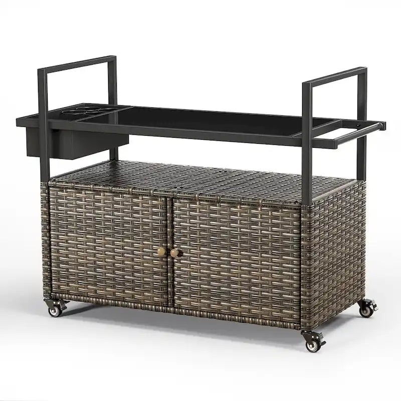Carrello per barbecue da esterno con ruote, Isola da cucina in vimini