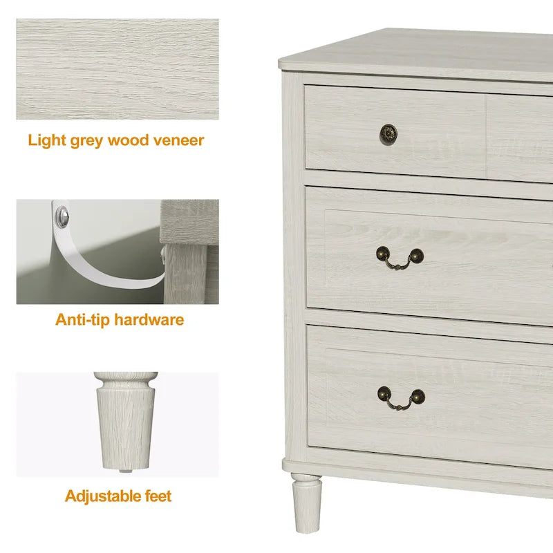 Comò a 6 cassetti grigio chiaro per camera da letto