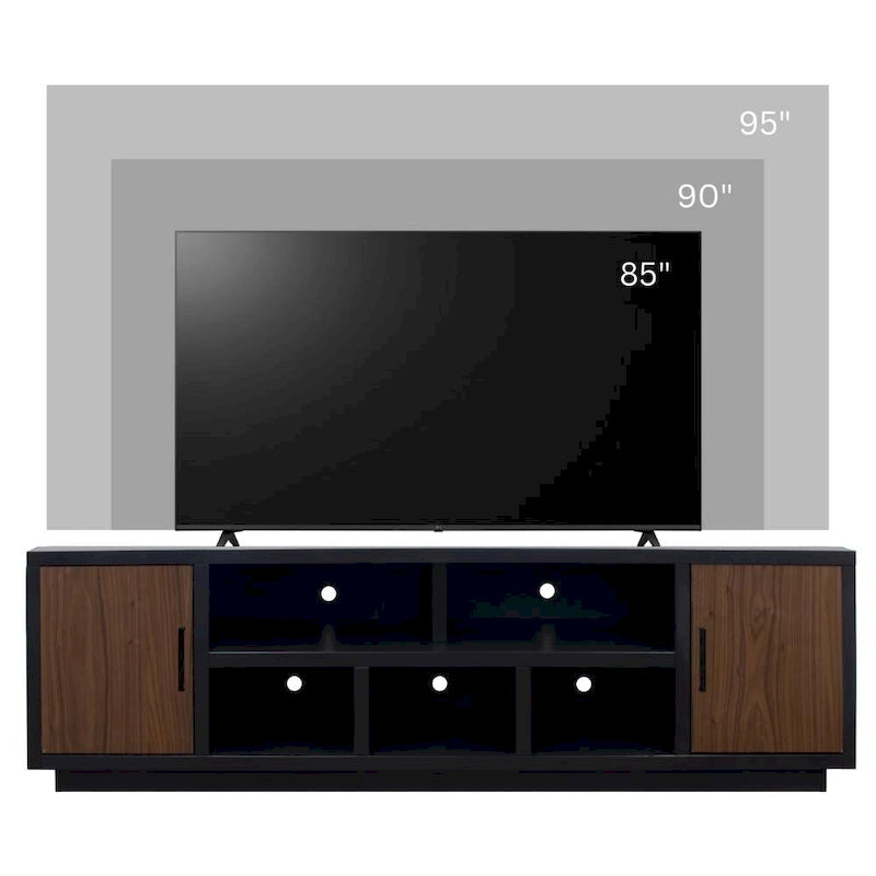 Bridgevine Home Aria 85 inch TV Stand for TVs up to 95 inches, No Assembly Required, Black and Walnut Finish