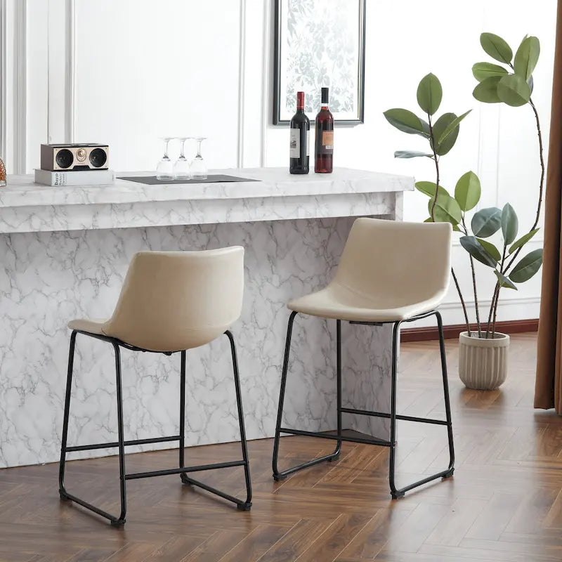 Vintage 24 Set of 2 Bar Stools with Armless Leather Backrest, Metal Legs, Footrest for Kitchen Island Caf Pub Bar Counter