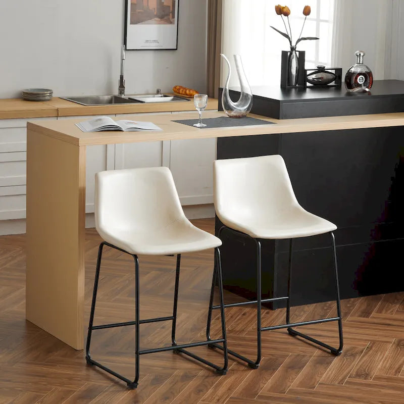 Vintage 24 Set of 2 Bar Stools with Armless Leather Backrest, Metal Legs, Footrest for Kitchen Island Caf Pub Bar Counter